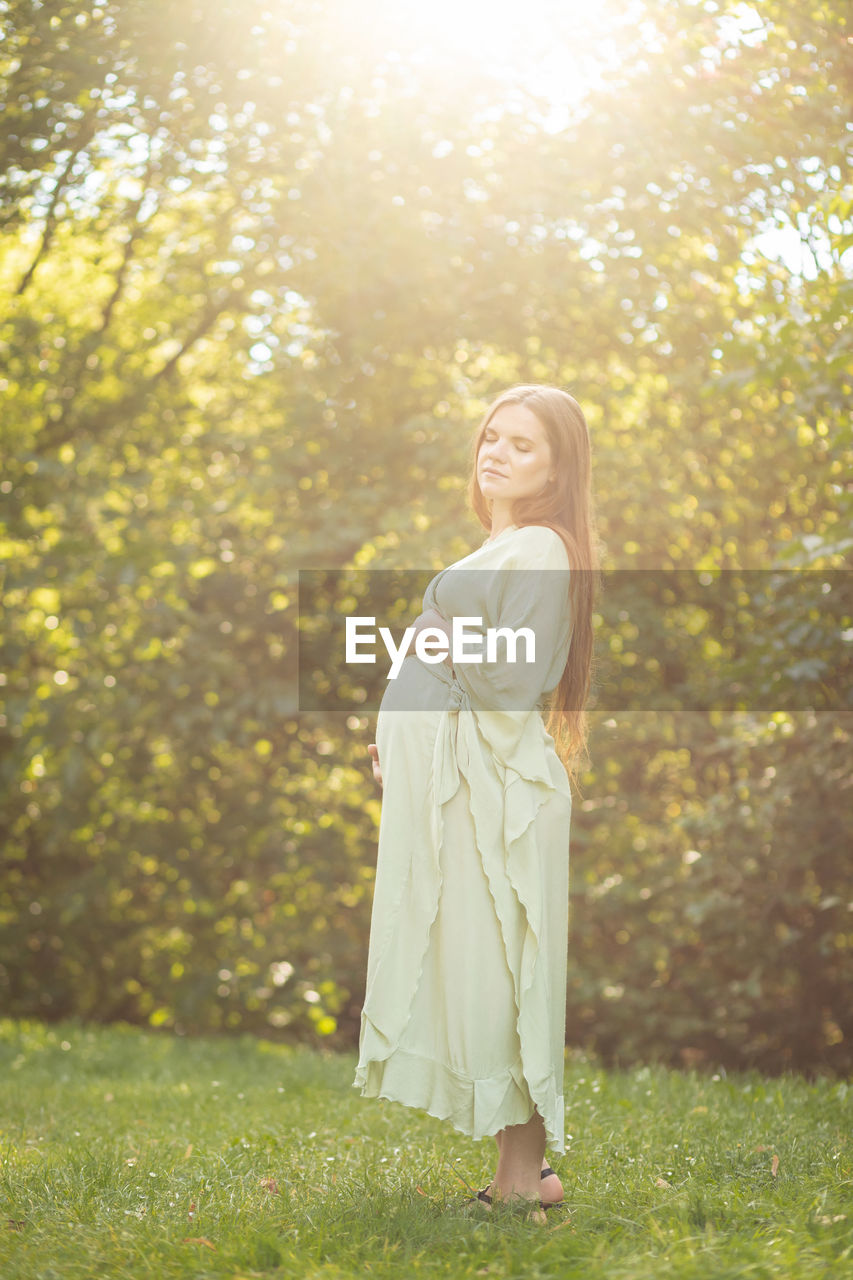 Young pregnant woman holds big belly, green trees, sunlight on background. brown haired female