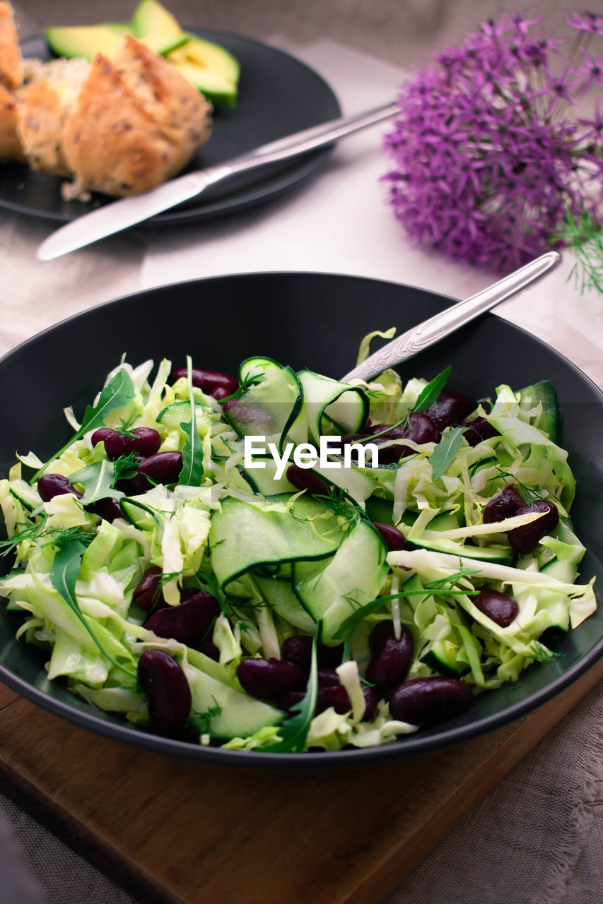 High angle view of food in plate on table