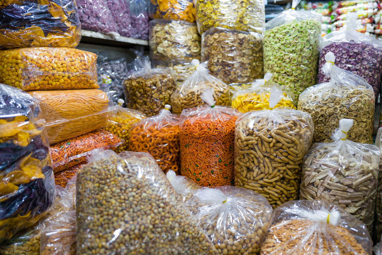 Dried snacks for sale in the orussey market in phnom penh