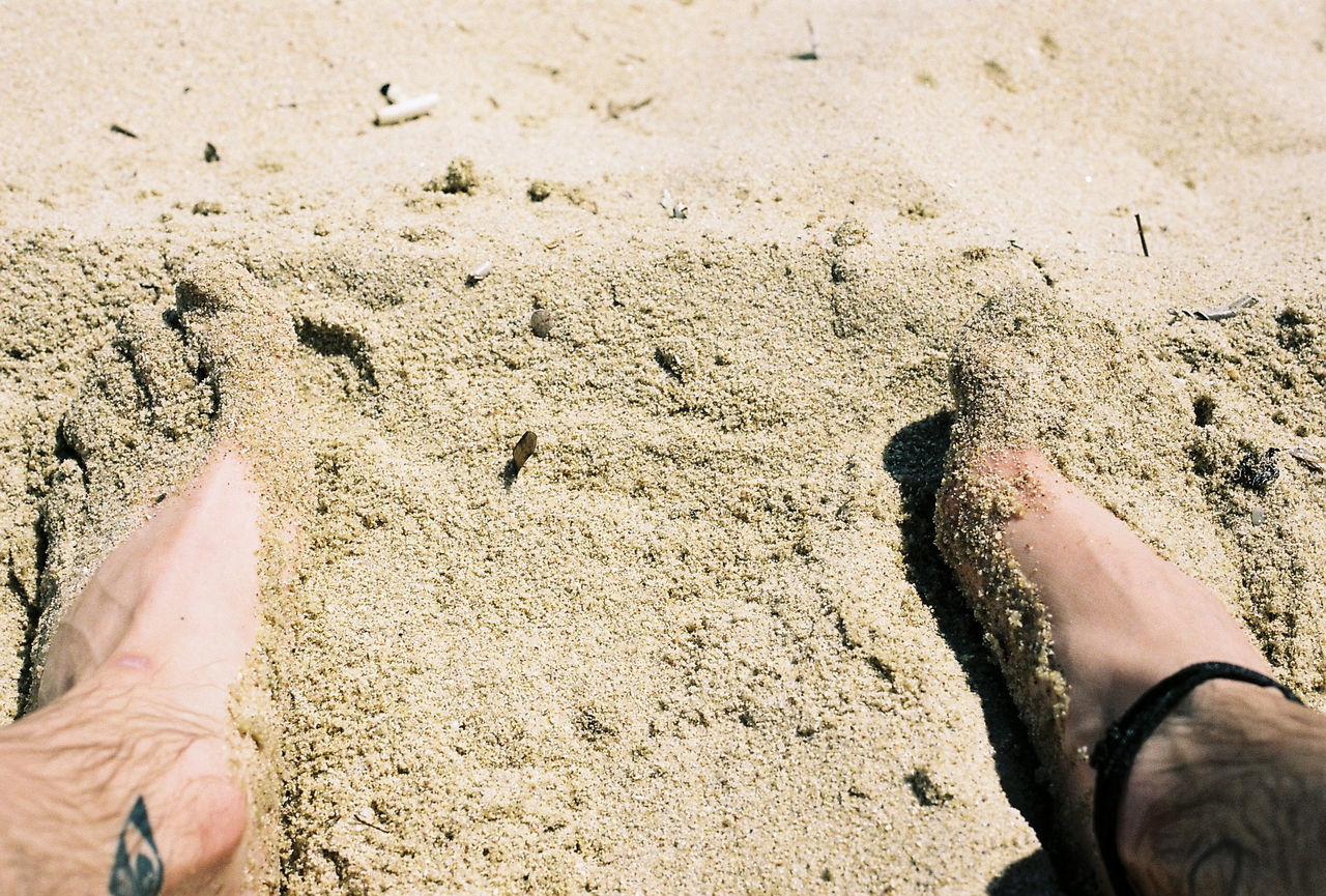 Low section of man on sand at beach