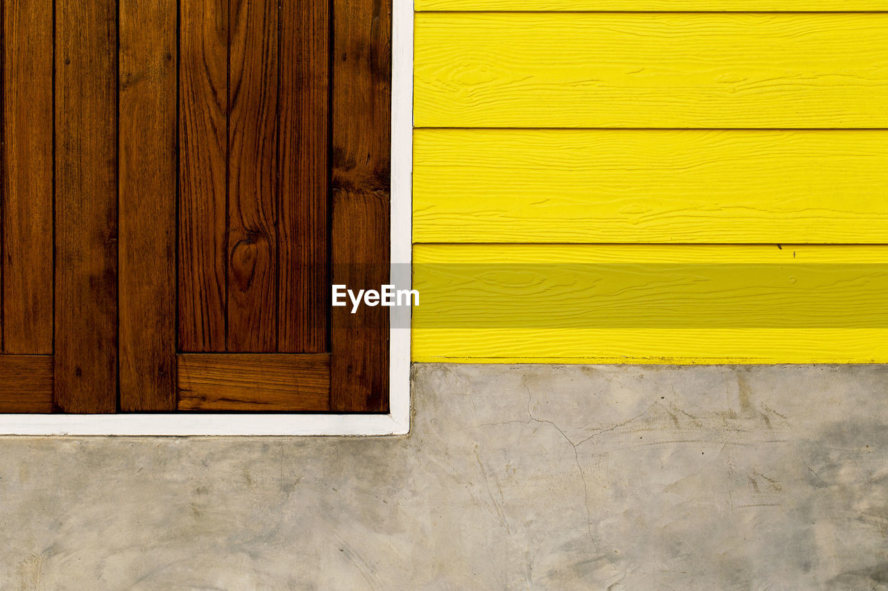 CLOSE-UP OF YELLOW DOOR ON WALL