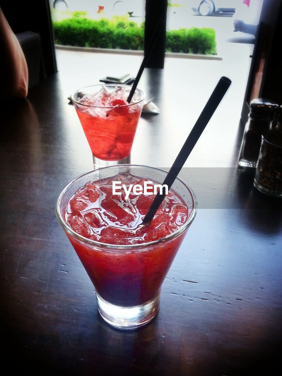 High angle view of drinks served on table in restaurant