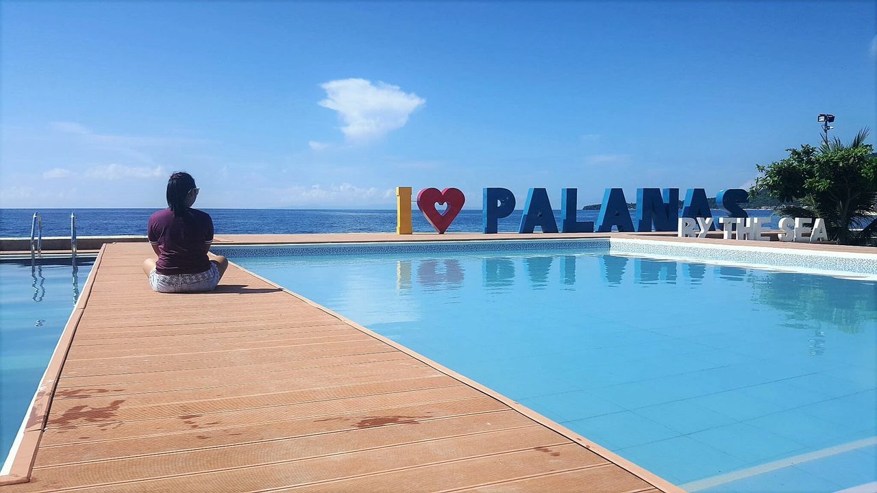 REAR VIEW OF MAN SWIMMING IN POOL AGAINST SEA