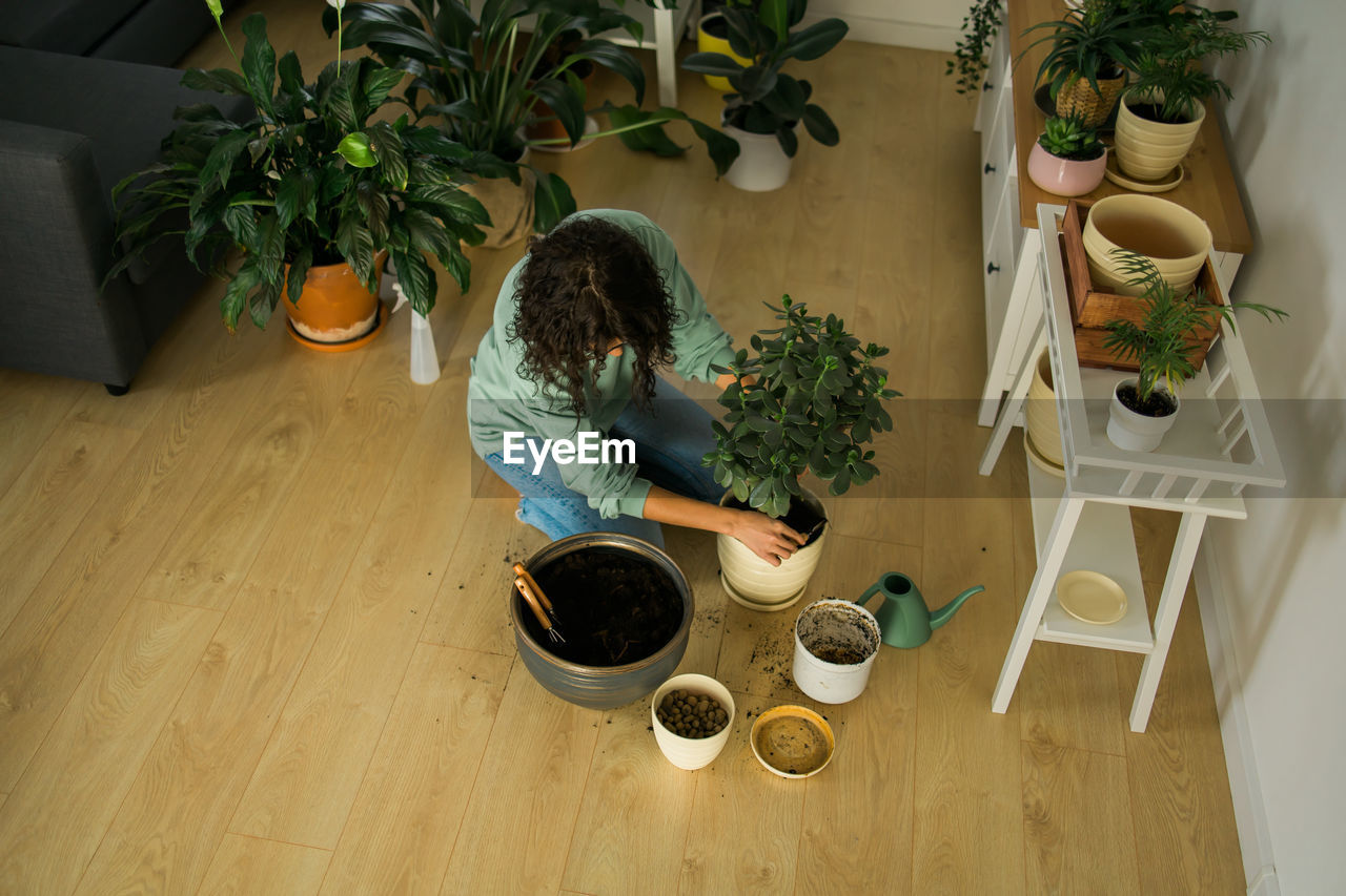 high angle view of woman sitting by potted plant