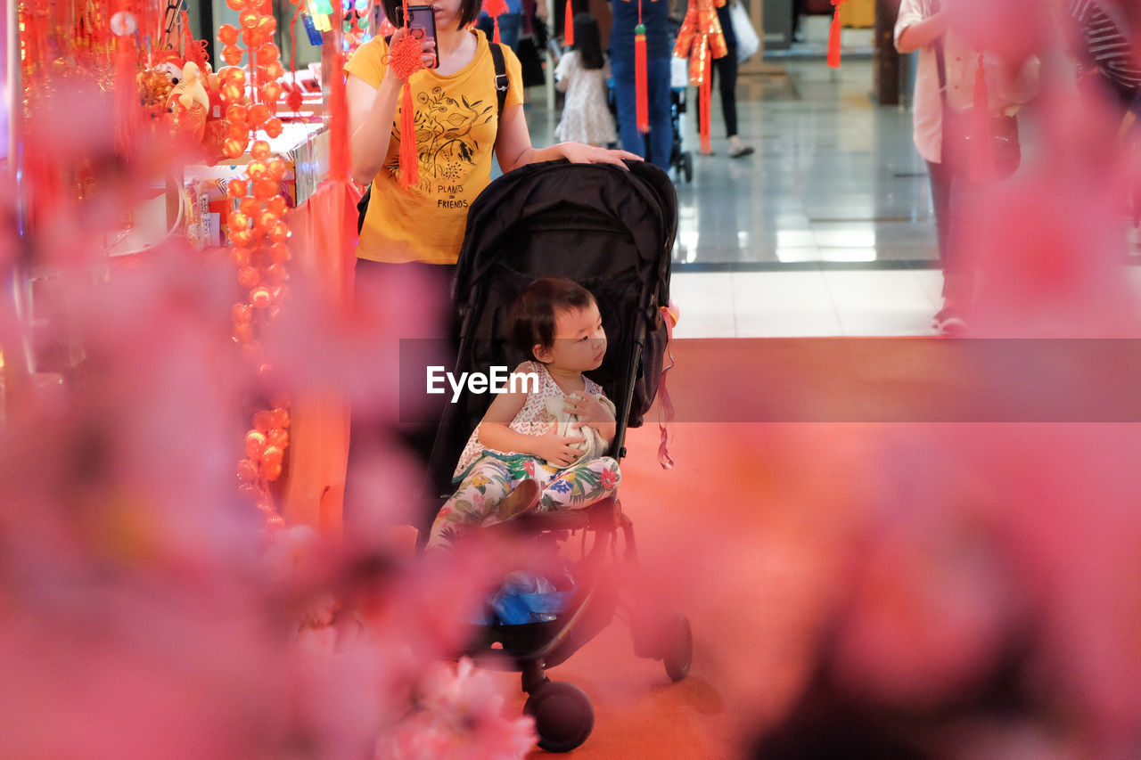 High angle view of people in market