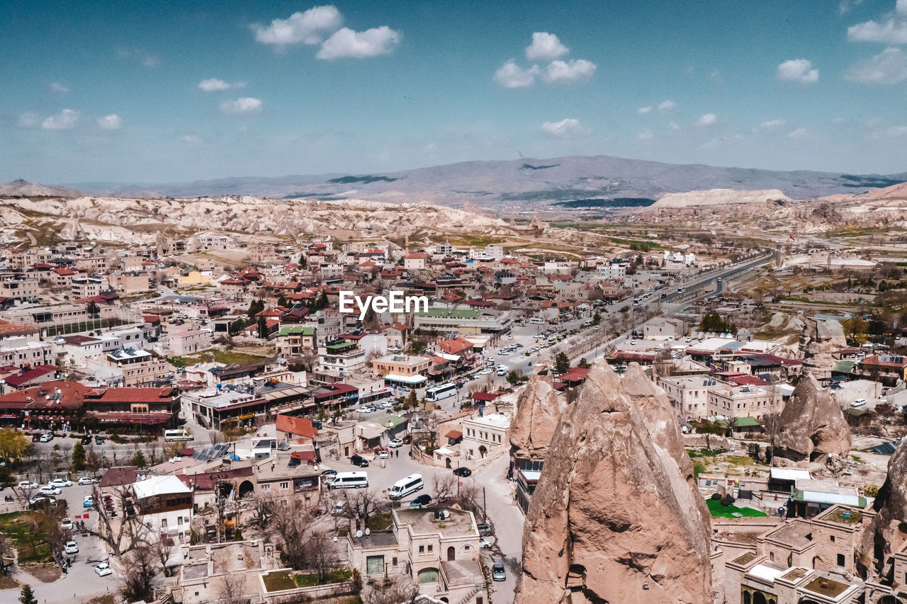 High angle shot of townscape against sky