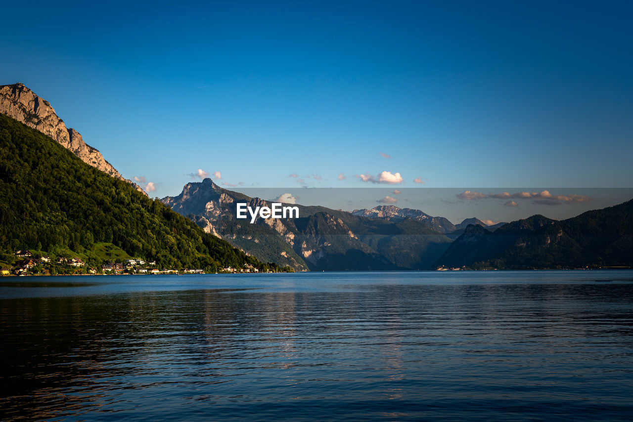 Panoramic view of traunsee lake during sunset, landscape photo of lake and mountains