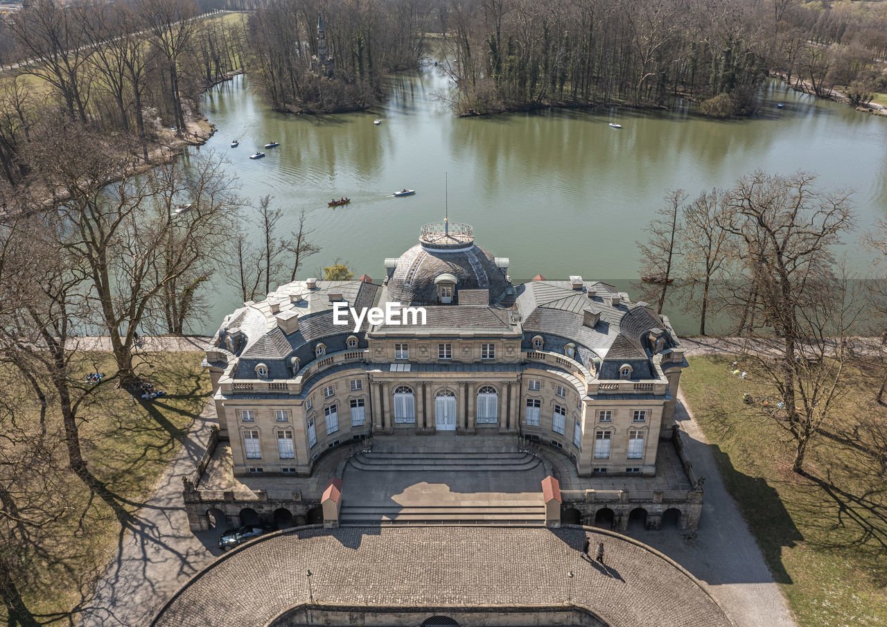 high angle view of building in lake