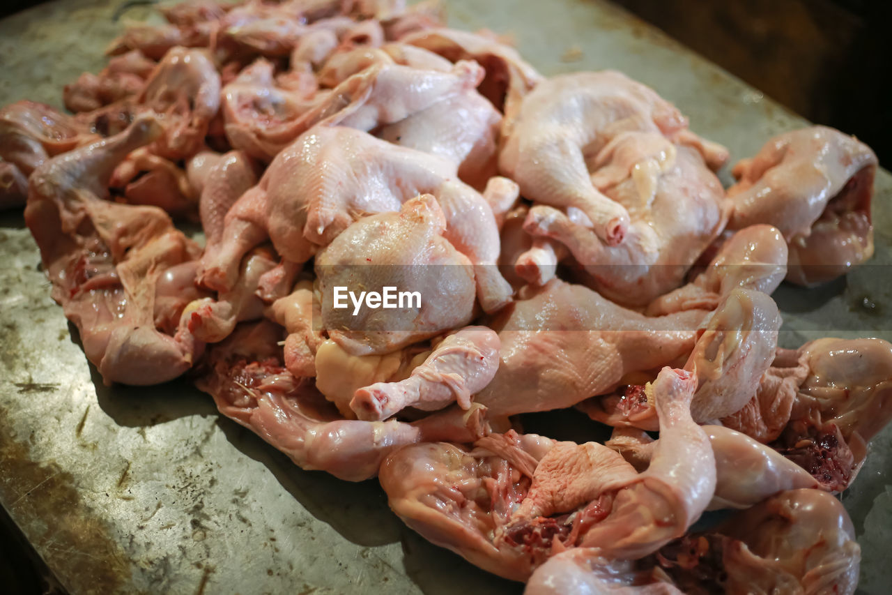 HIGH ANGLE VIEW OF MEAT IN COOKING