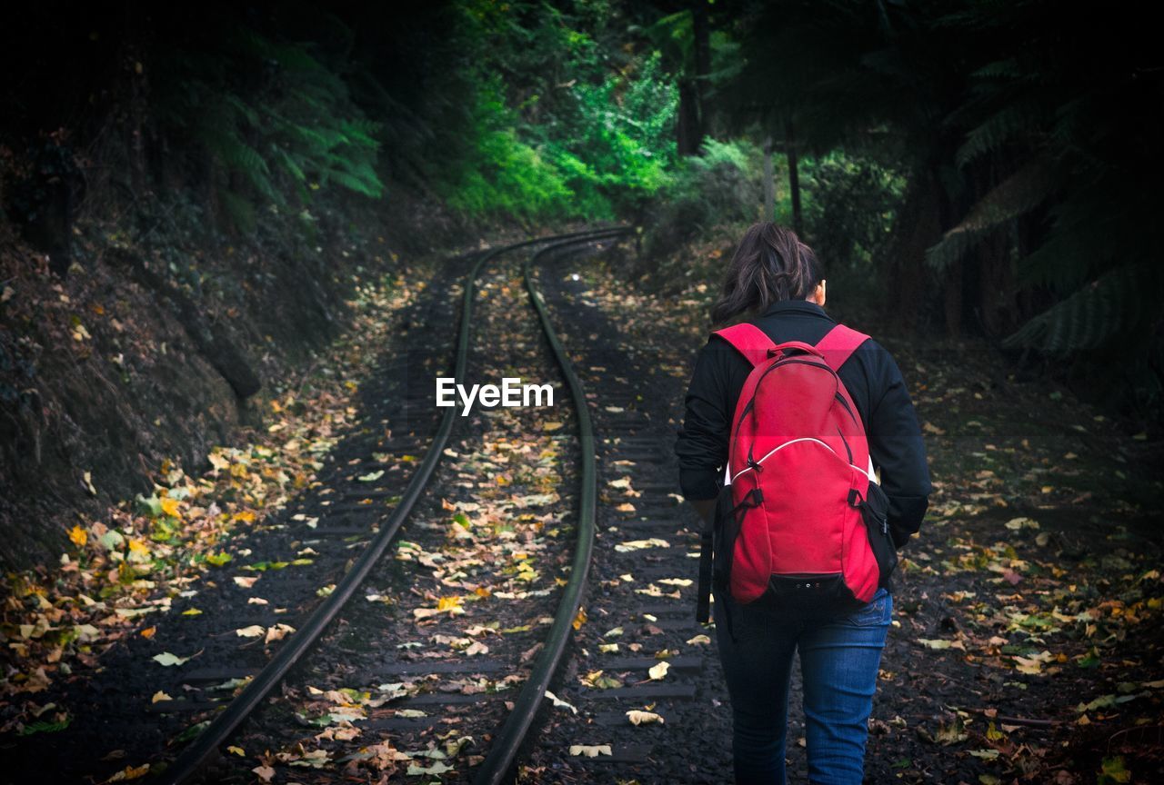 Rear view of person walking along railroad tracks