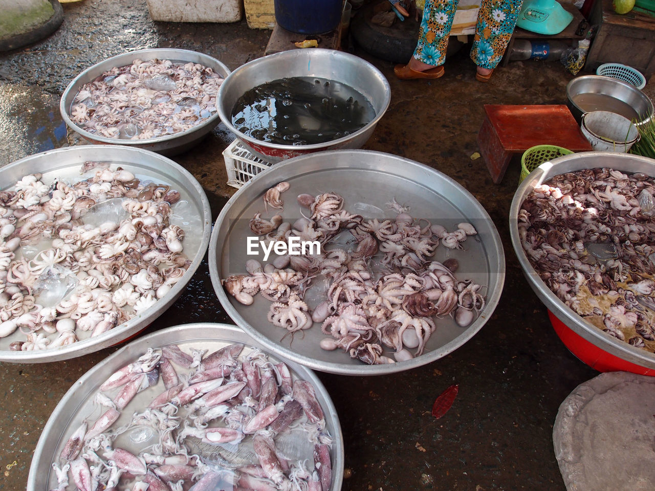 High angle view of seafood for sale in fish market