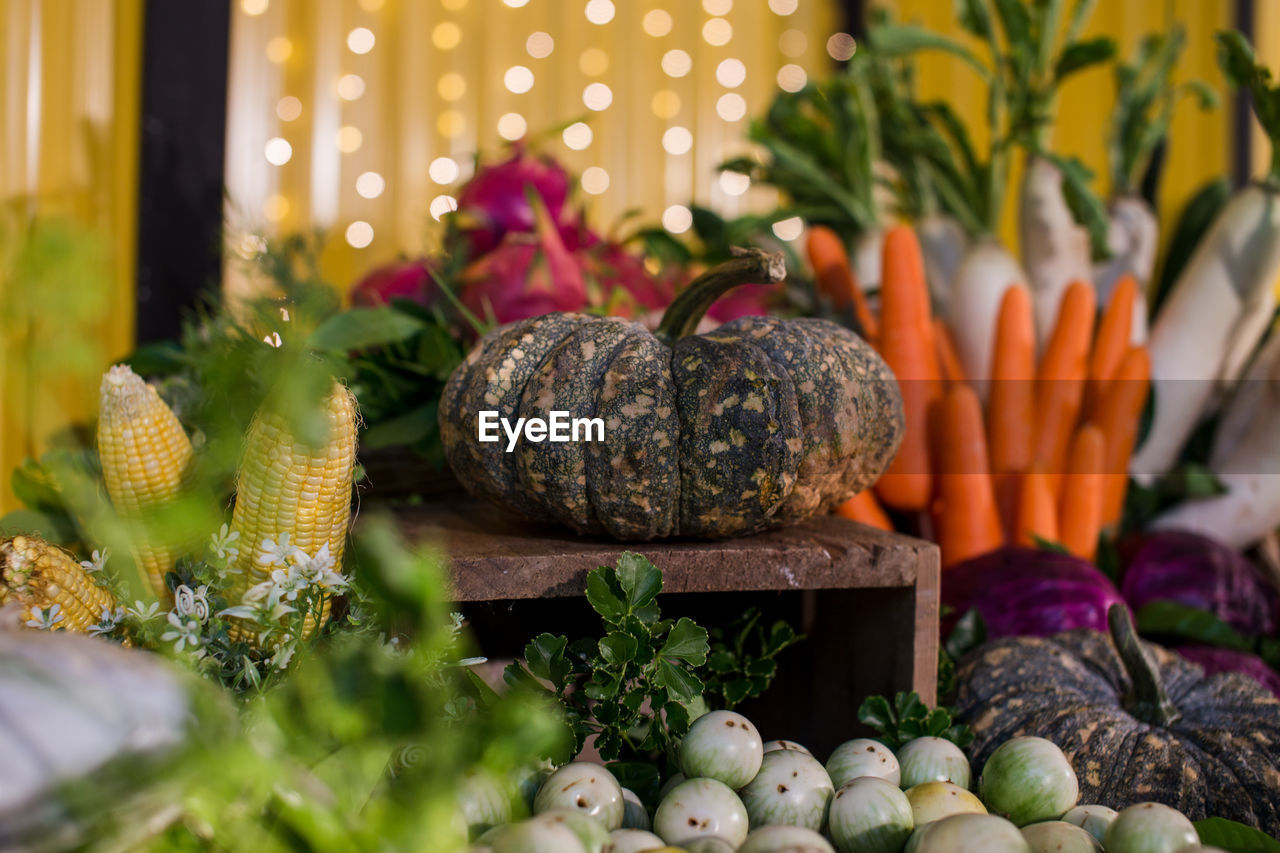 CLOSE-UP OF PUMPKINS IN CONTAINER