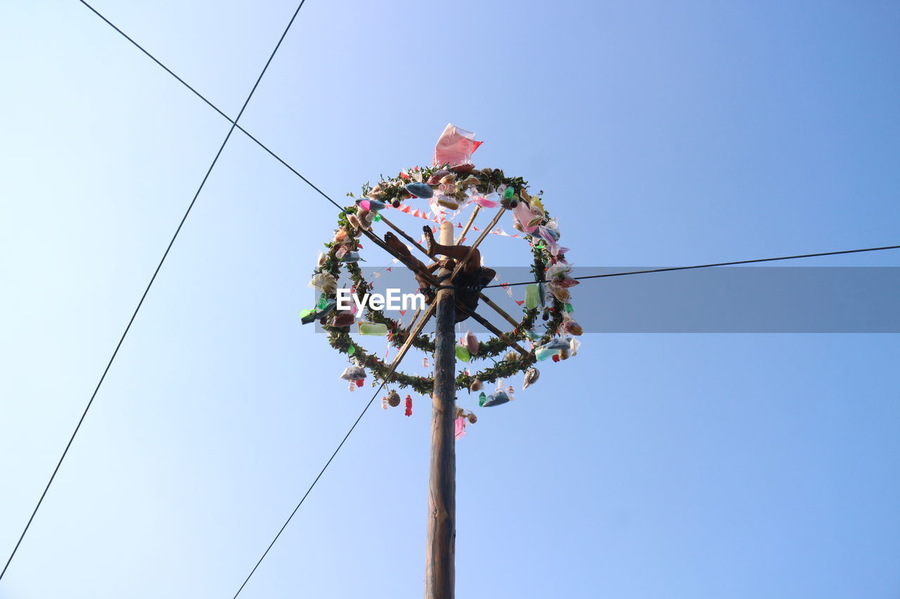 LOW ANGLE VIEW OF CABLES AGAINST CLEAR SKY