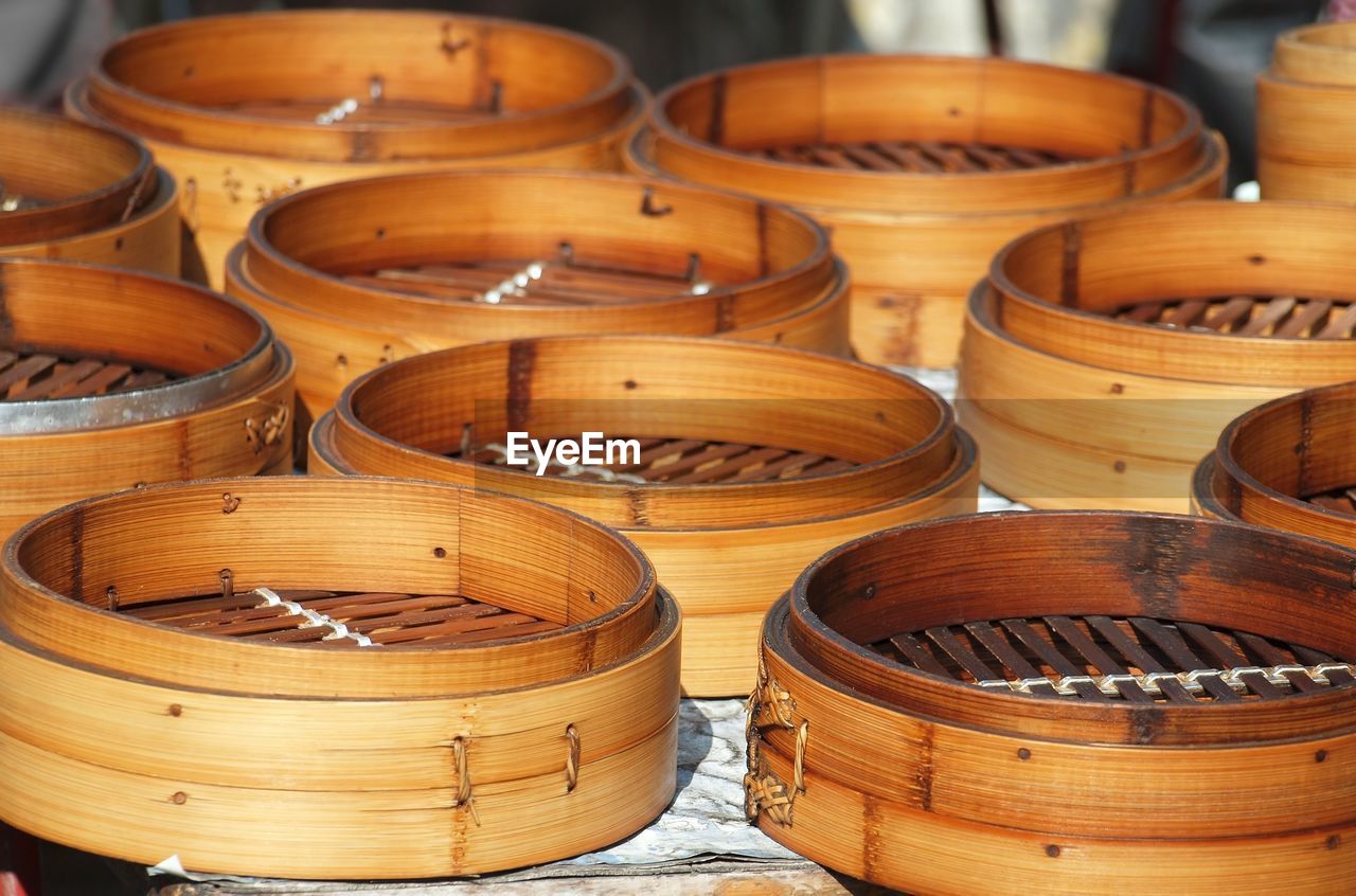 Close-up of bamboo steamers