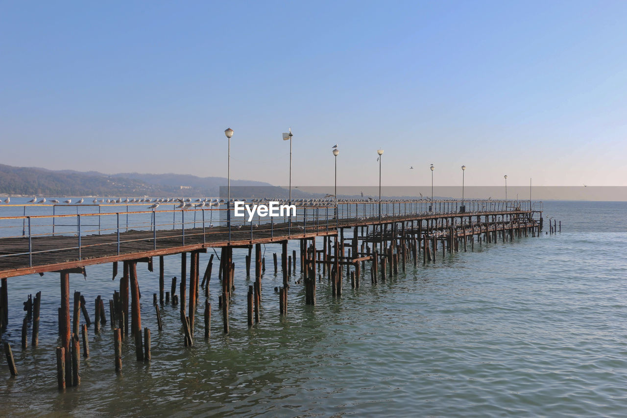 water, pier, sky, sea, shore, nature, architecture, scenics - nature, coast, walkway, beauty in nature, tranquility, body of water, ocean, land, clear sky, built structure, wood, wooden post, boardwalk, tranquil scene, beach, no people, post, travel destinations, travel, environment, dock, blue, horizon, in a row, day, transportation, outdoors, bay, wave, breakwater, idyllic, landscape, horizon over water, tourism, sunlight, copy space, jetty, sunny, seascape, vacation, trip, holiday