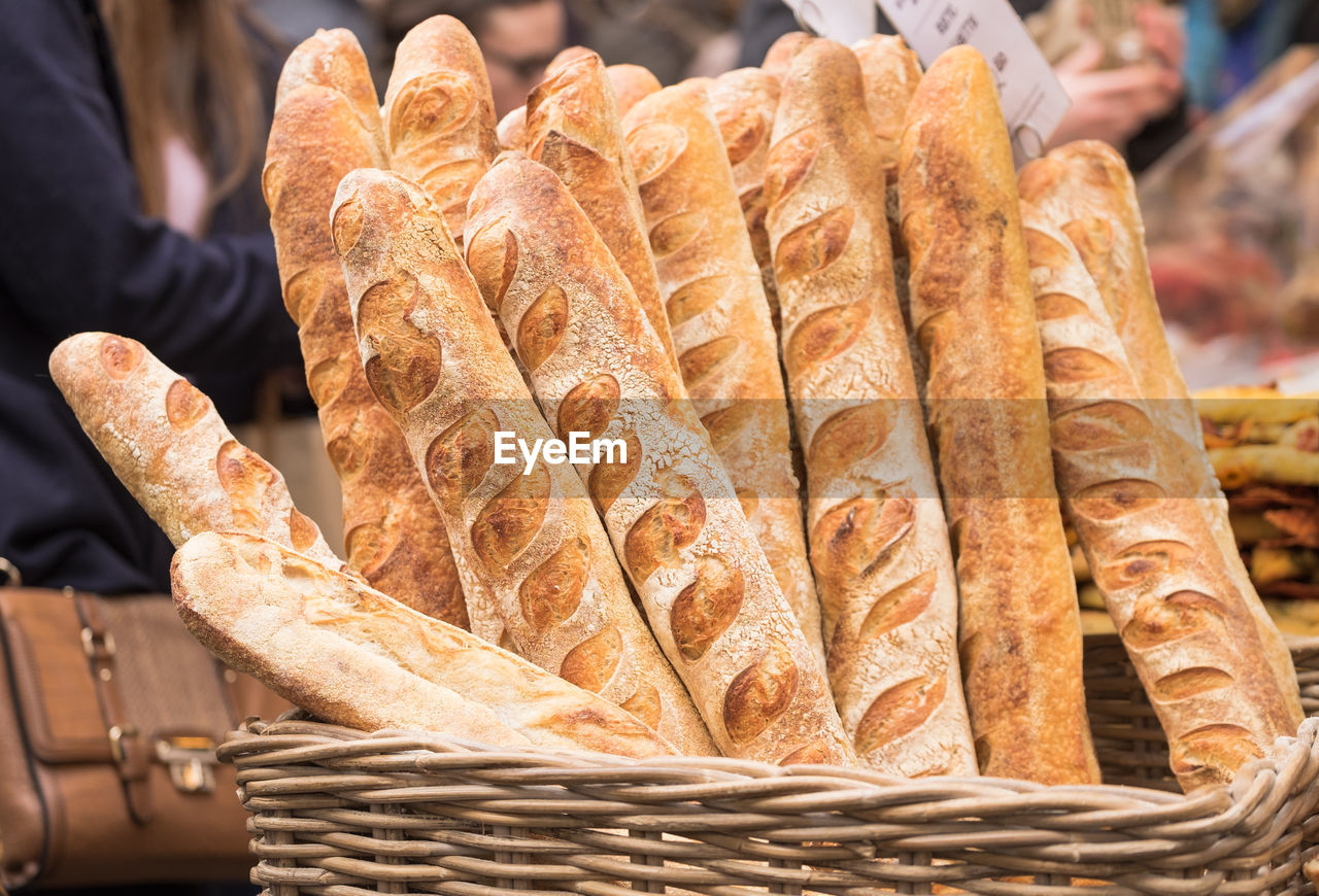 Close-up of baguettes in whicker basket