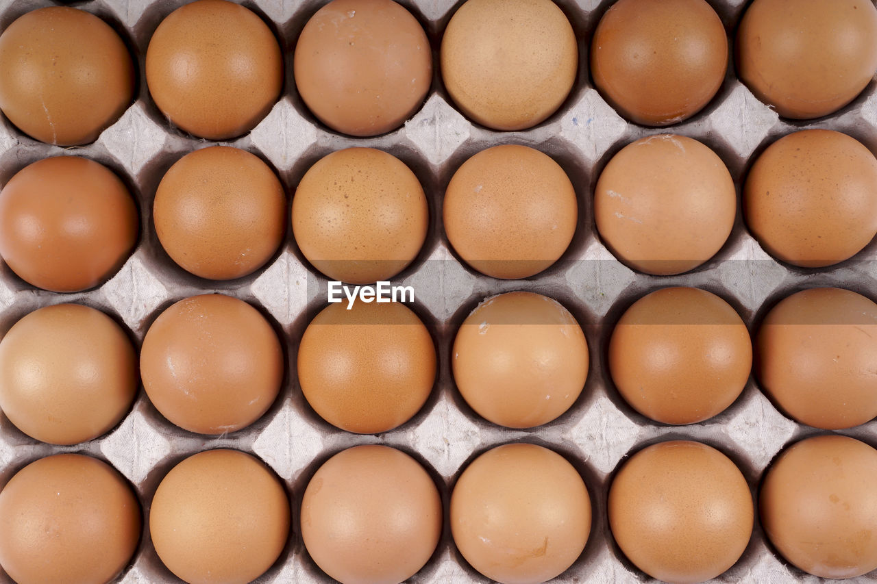 FULL FRAME SHOT OF EGGS IN ROW