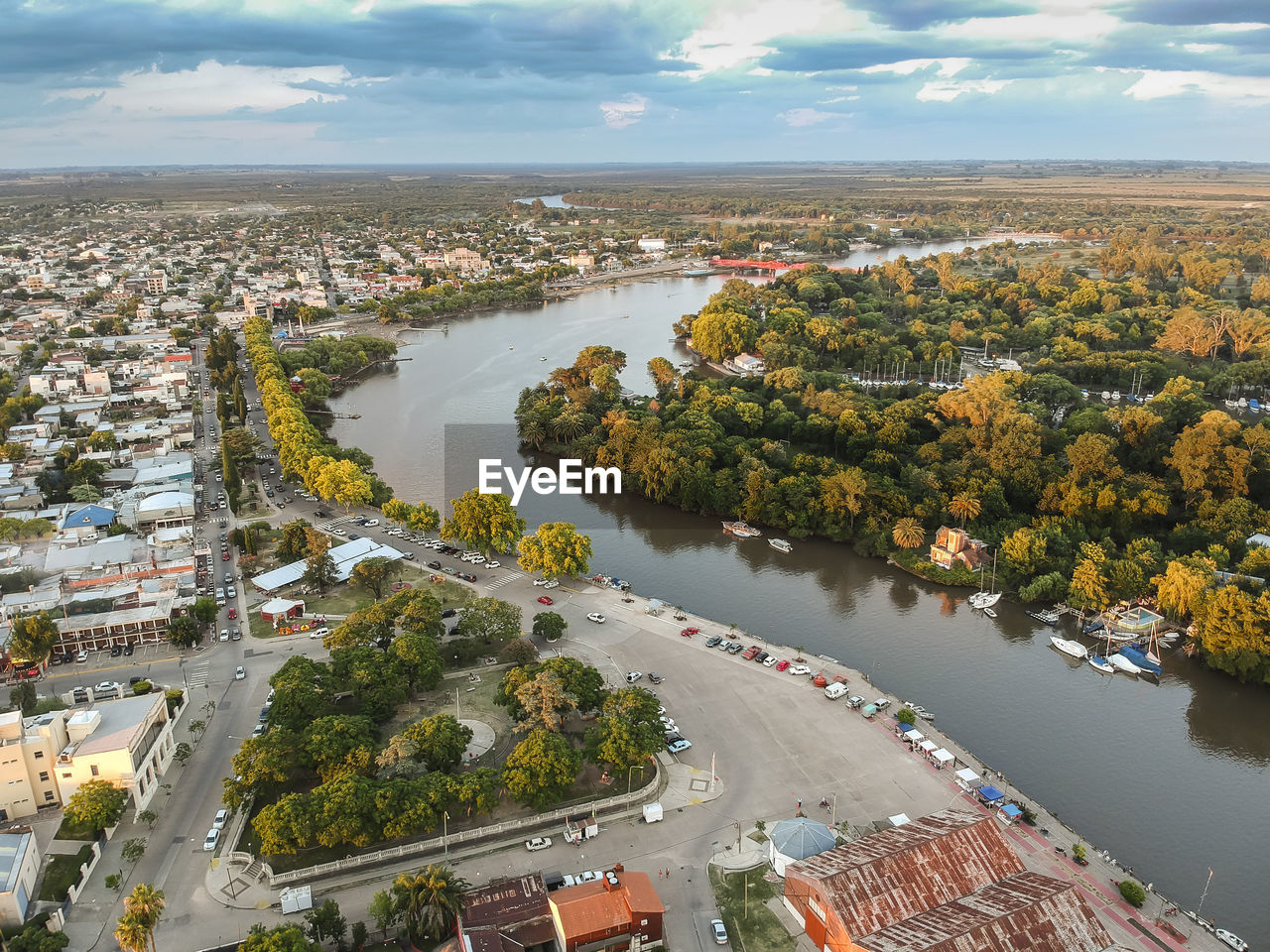 High angle view of river amidst buildings in city