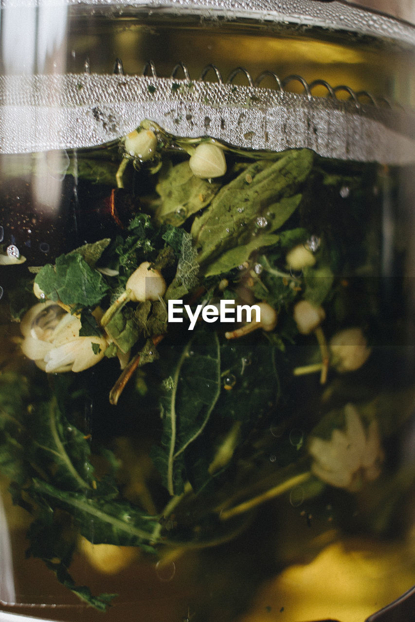 Close-up of leaf vegetables in jar