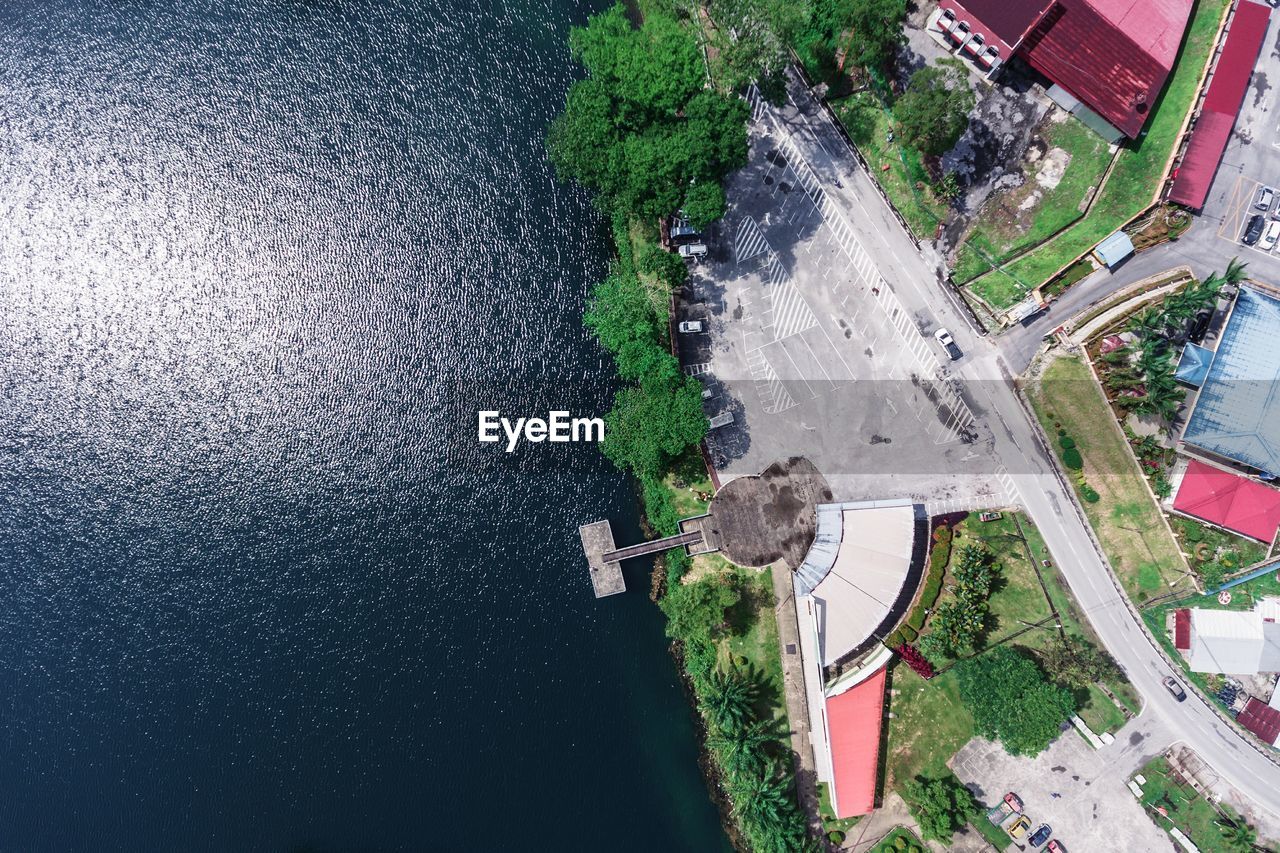 High angle view of road by lake in bau town 