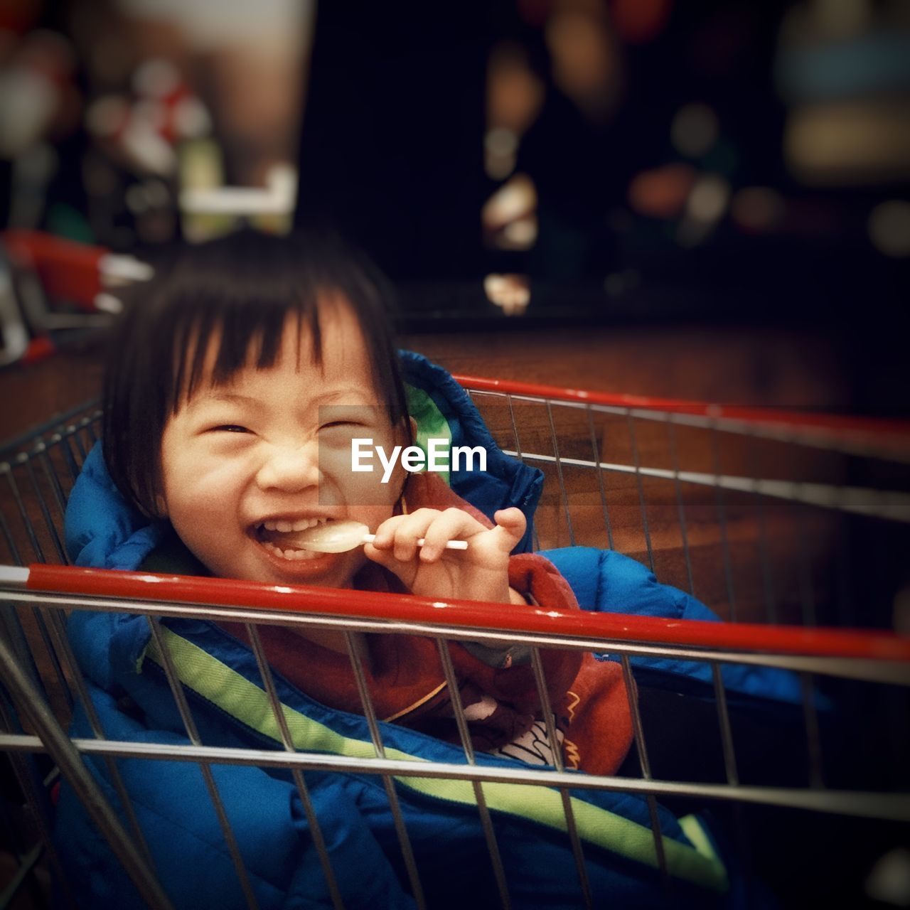 Cute girl eating lollipop while sitting in shopping cart