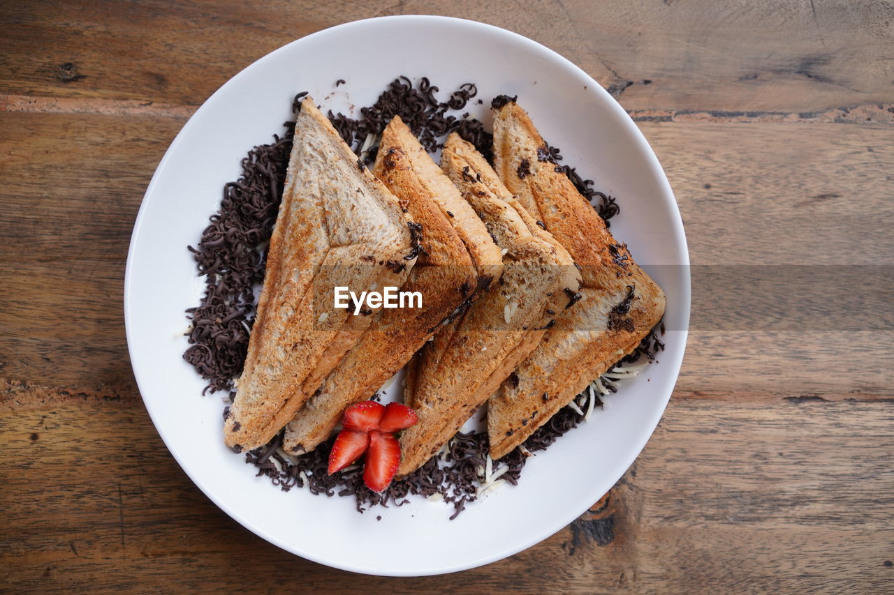 High angle view of dessert in plate on table