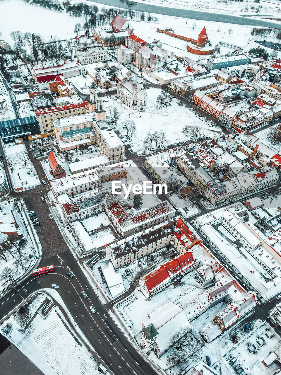 Aerial view of snow covered cityscape