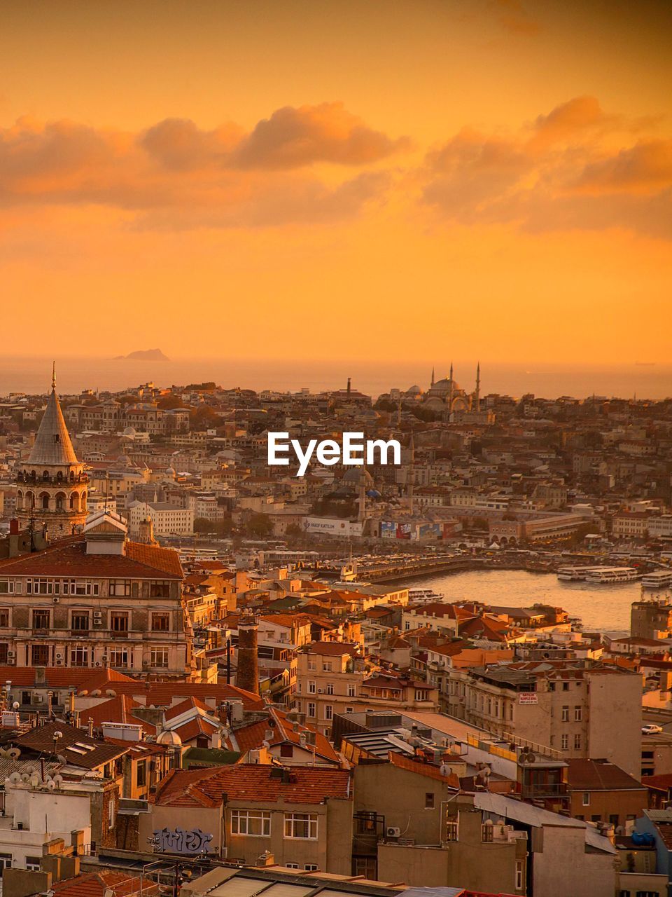 High angle view of townscape against sky during sunset