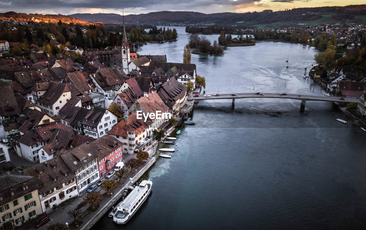High angle view of river in town