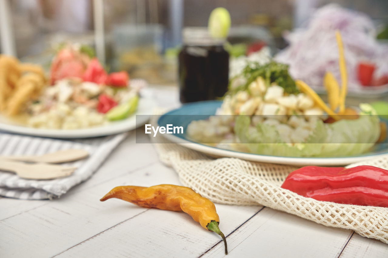 CLOSE-UP OF MEAT AND VEGETABLES ON TABLE