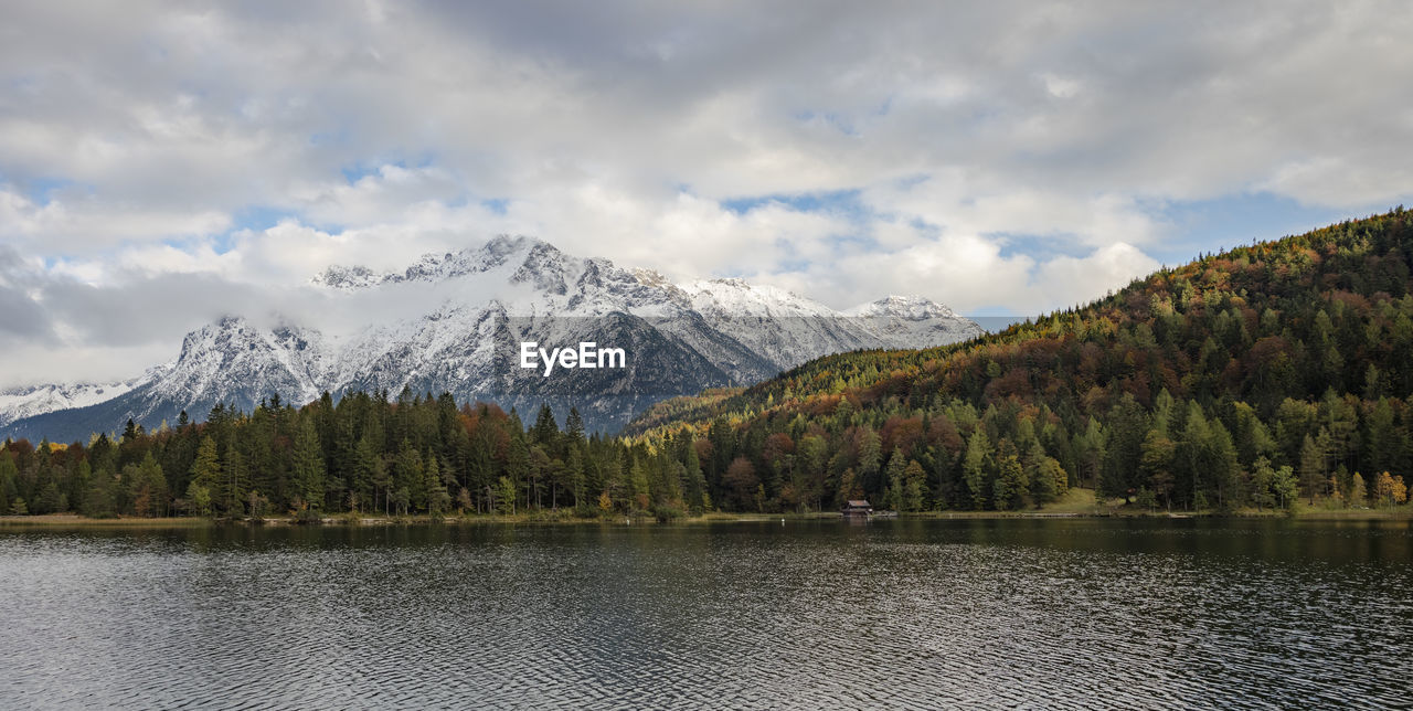 SCENIC VIEW OF LAKE BY MOUNTAIN AGAINST SKY