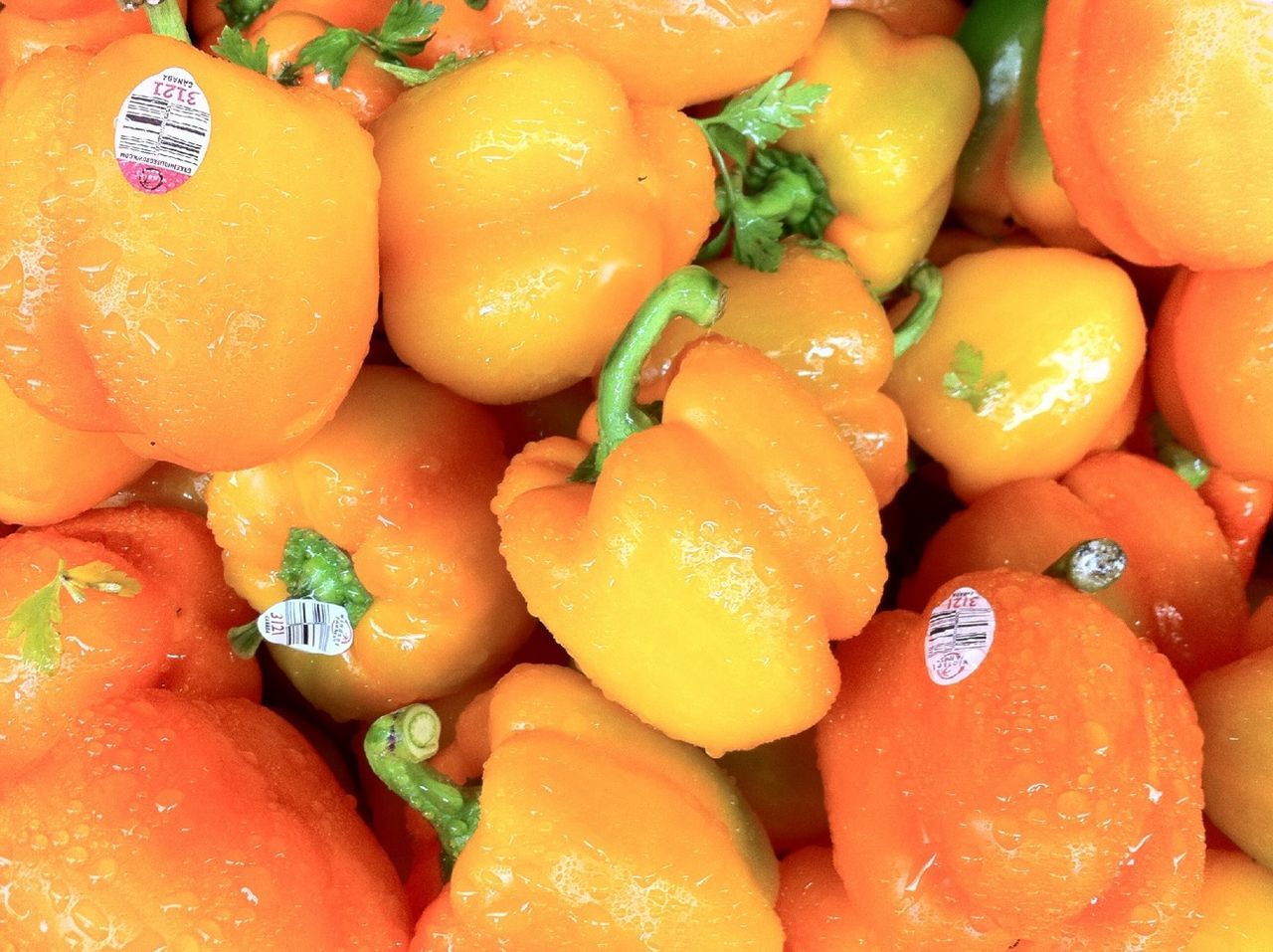 Full frame of fresh organic yellow bell pepper in market