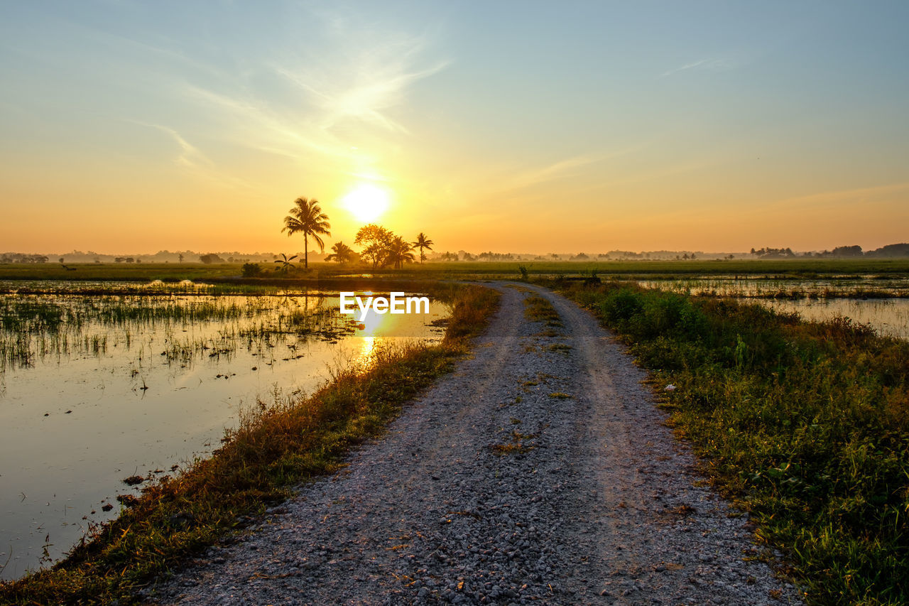 Dirt road amidst field against sky during sunset