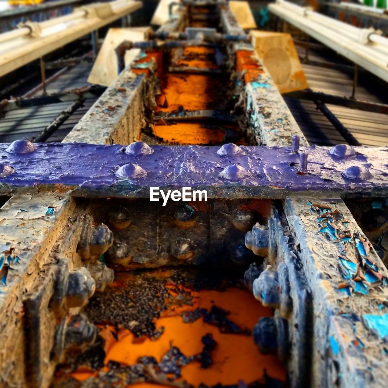 High angle view of rusty metal at train station 