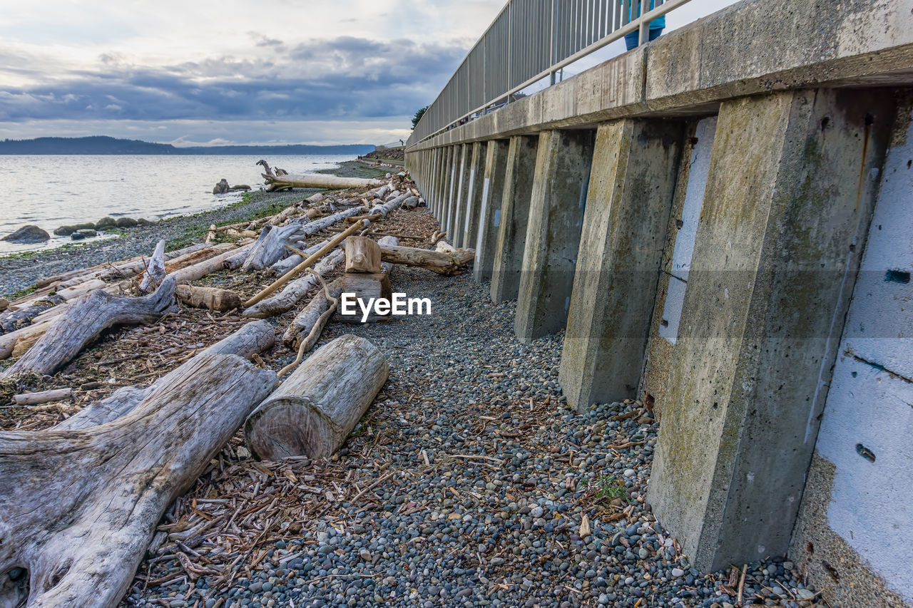 Driftwood line the shore by a wall in west seattle, washington.