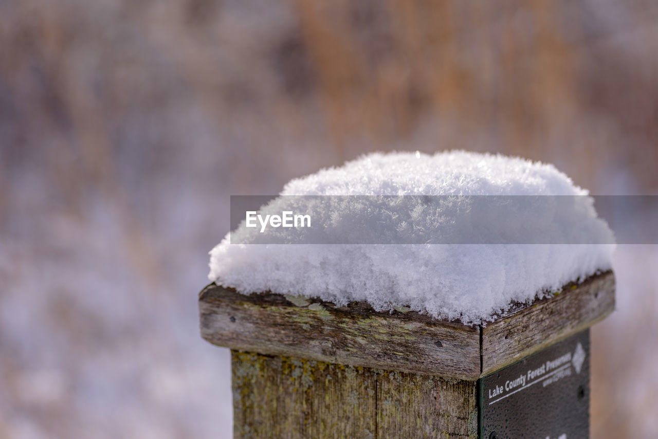 CLOSE-UP OF FROZEN ICE ON WOOD