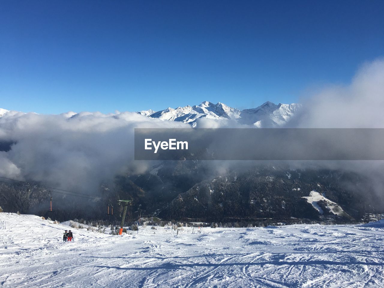 Scenic view of snow covered mountains against sky