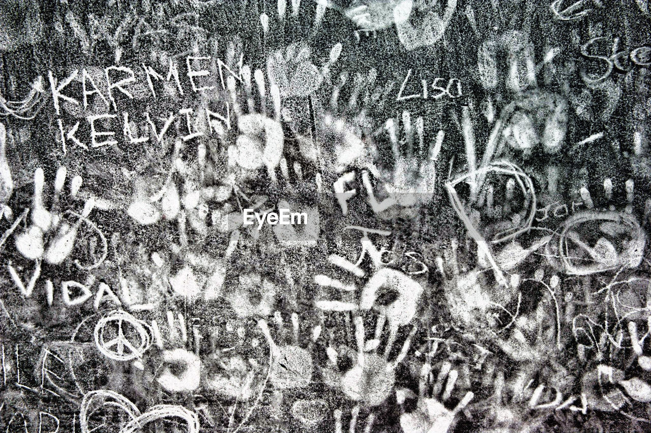 Full frame shot of handprints and text on messy wall