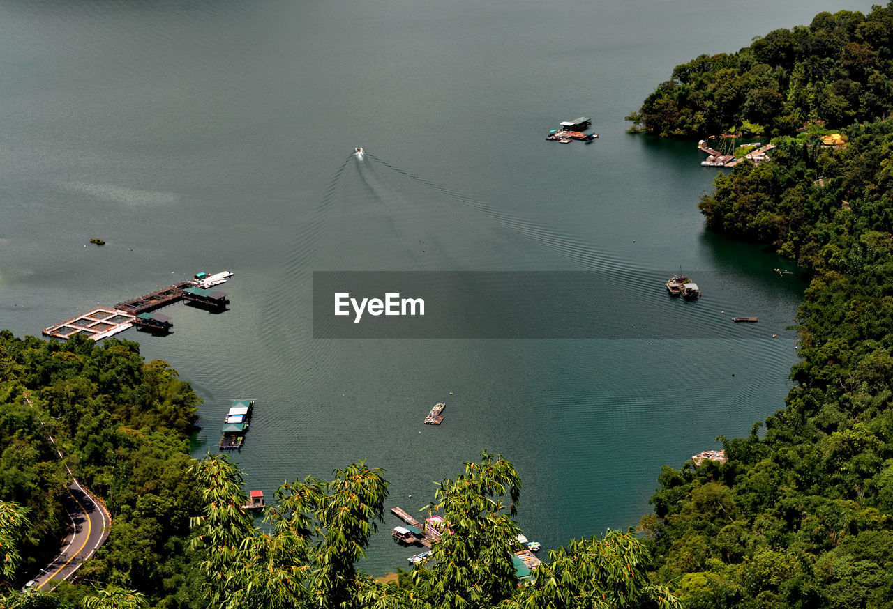High angle view of sea and trees