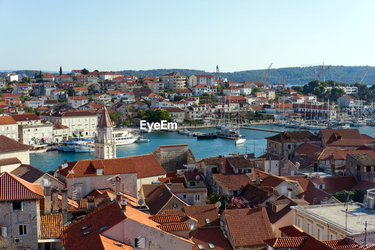 Aerial view of trogir old town, unesco heritage site, shot from the bell tower of leonard cathedral