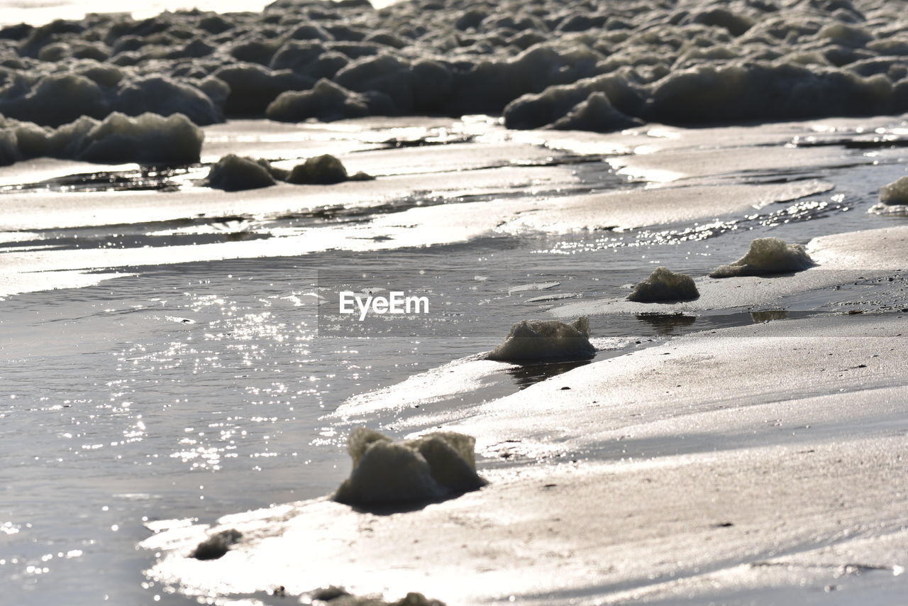 Surface level of seafoam on shore at beach