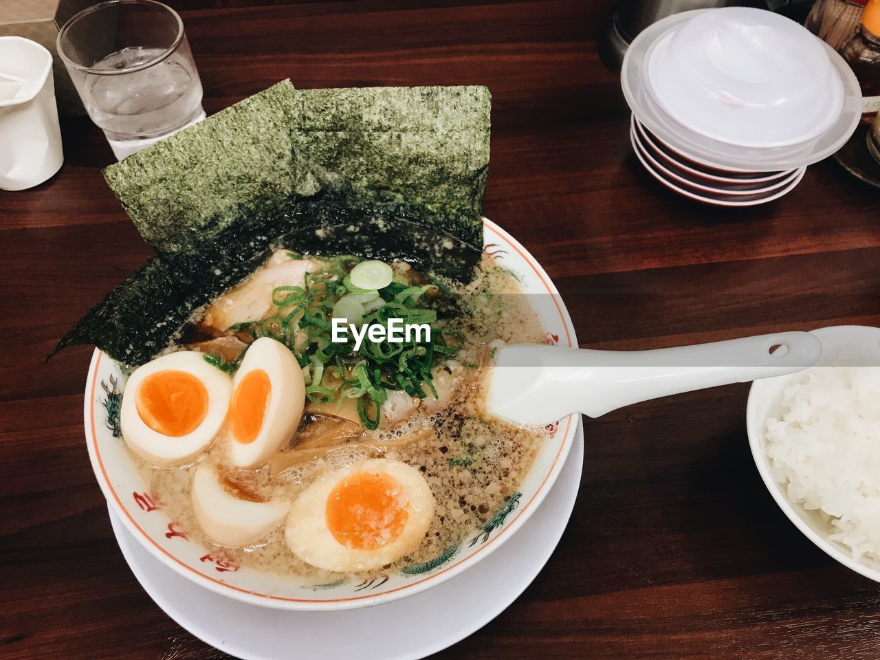 High angle view of soup in bowl on table