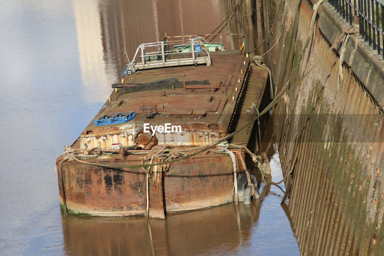 High angle view of abandoned boat in river