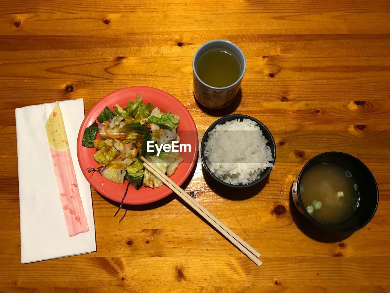 High angle view of food on wooden table