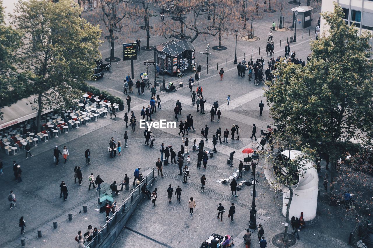 High angle view of crowd on street in city