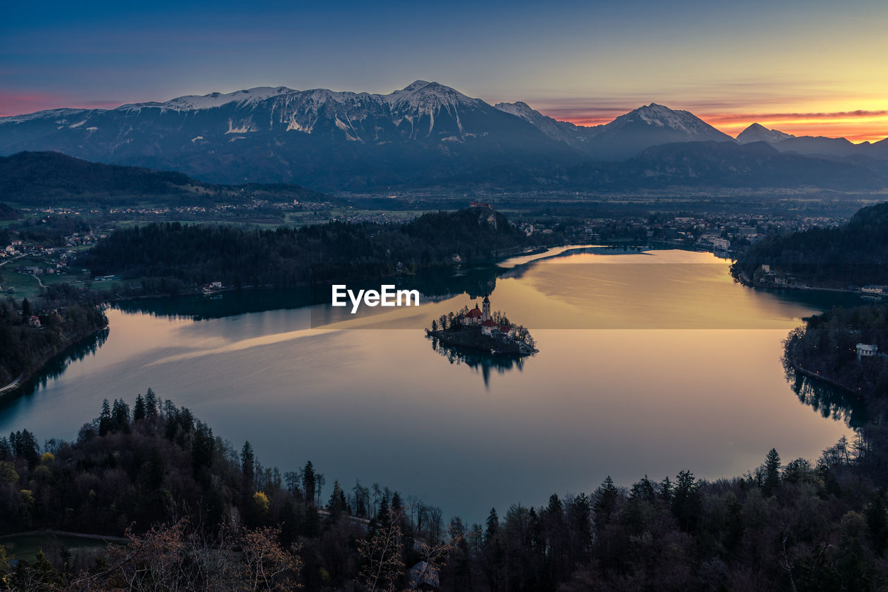 Lake bled, slovenia, mountain range, sunrise