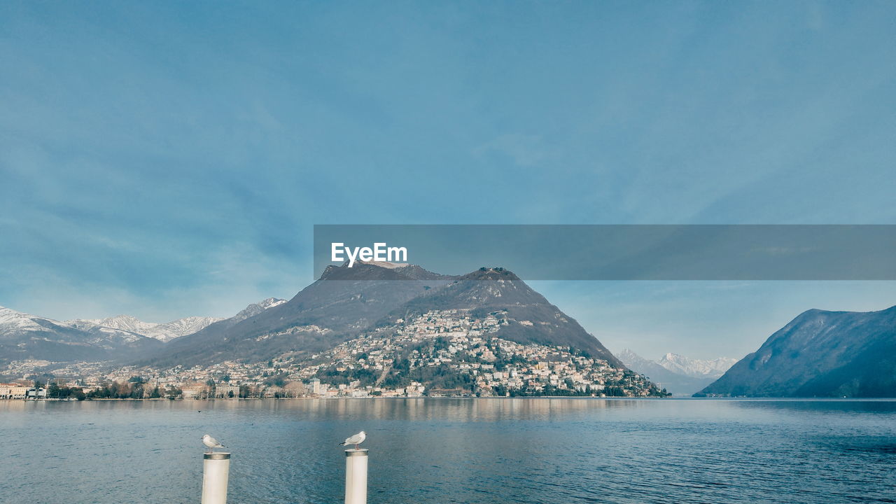 Scenic view of lake and snowcapped mountains against sky