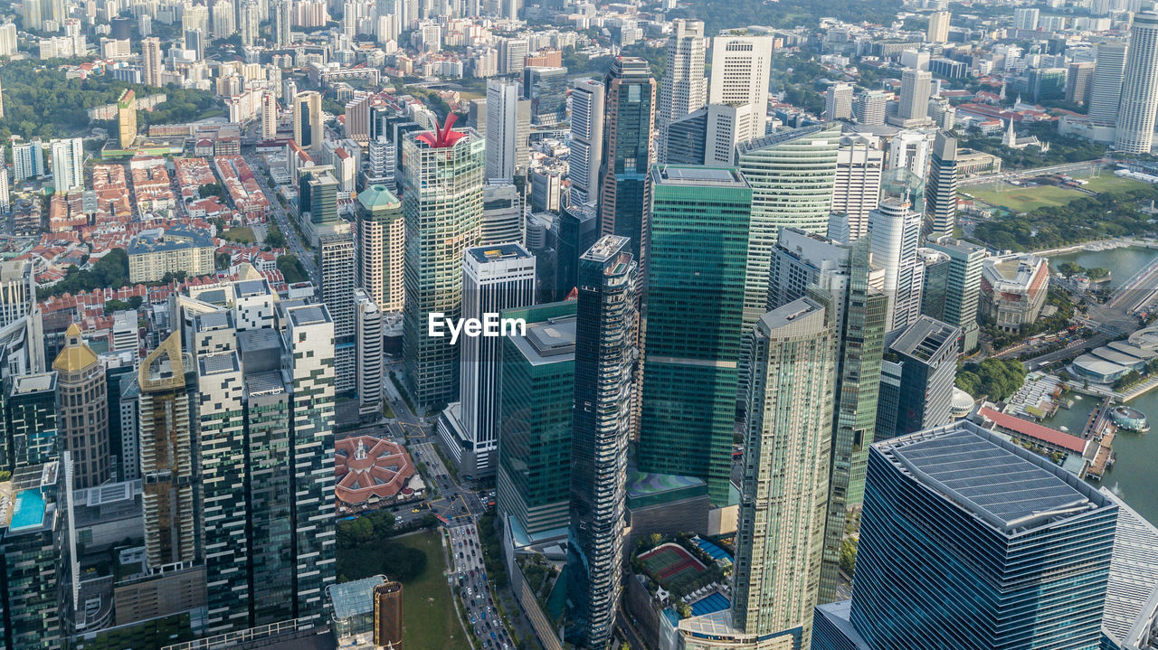 High angle view of modern buildings in city