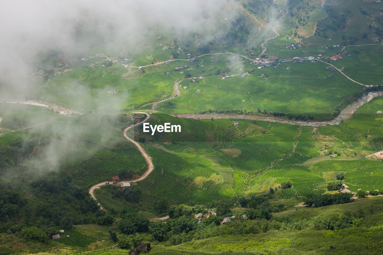 High angle view of green landscape