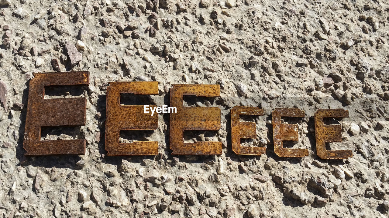 Close-up of rusty text on wall